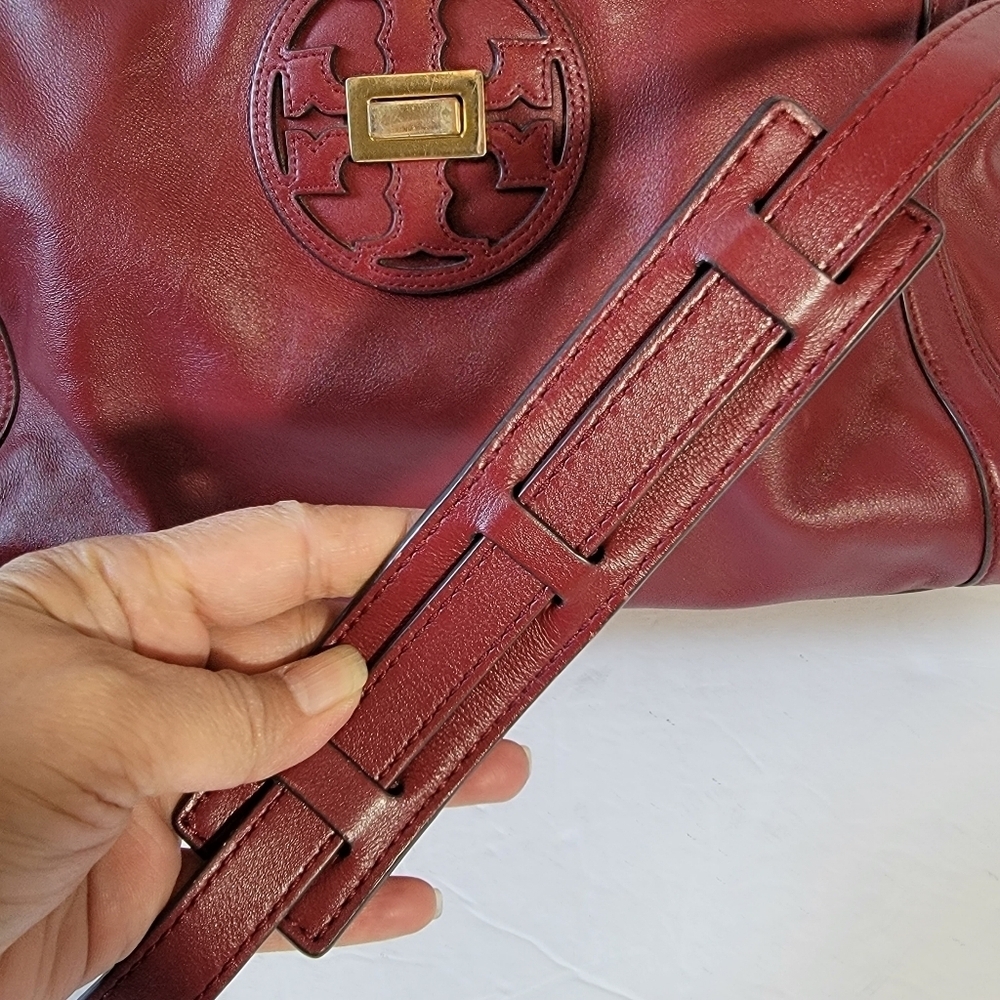TORY BURCH Women Red Leather Slink Tote Bag Double Handle Sz Large Office Travel - Picture 5 of 12